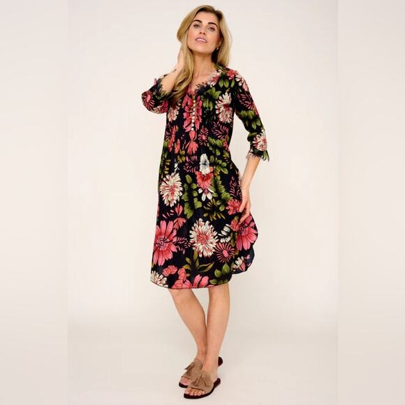 At Last… Annabel Cotton Kaftan Tunic Dress In Black Floral Size UK 8 US 4 - Picture 3 of 11